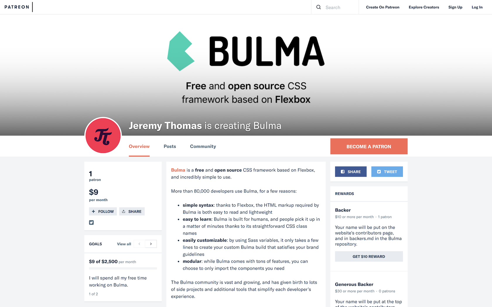 Bulma Patreon homepage